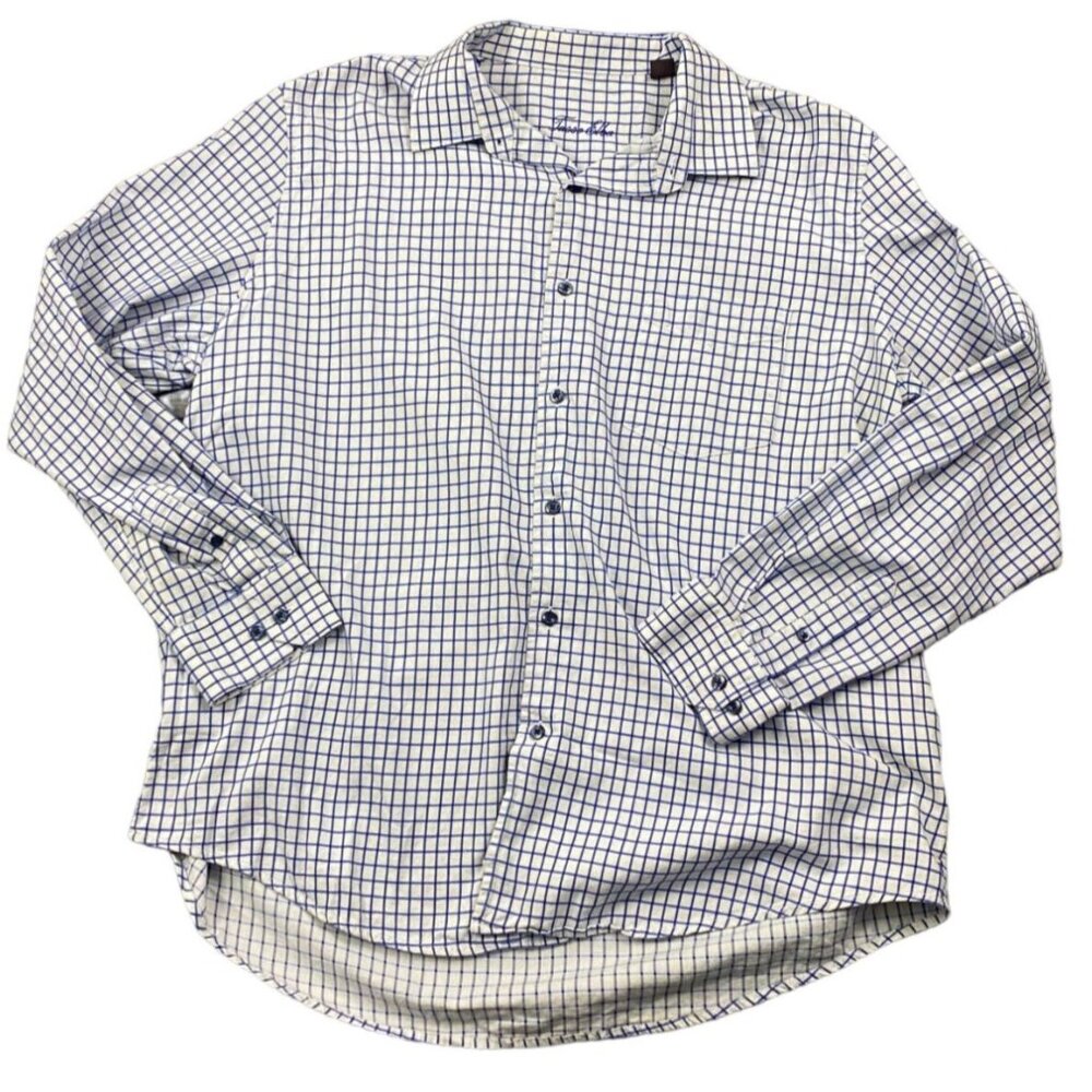 Tasso Elba Mens Checkered Collared Button Front Shirt-White-Size 17-17.5 -GUC